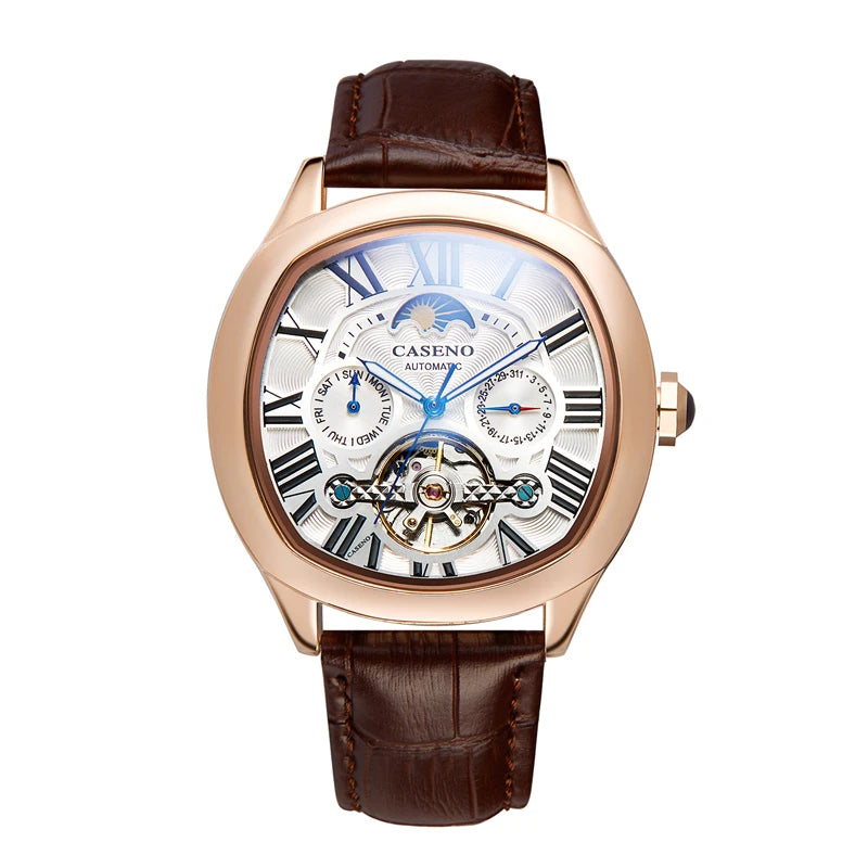 Mens Watch Business Leather Strap Reloj Moon Phase Automatic Mechanical Wristwatch Male Waterproof Luxury Tourbillon Watch Man