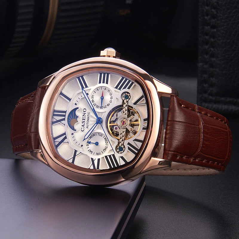 Mens Watch Business Leather Strap Reloj Moon Phase Automatic Mechanical Wristwatch Male Waterproof Luxury Tourbillon Watch Man