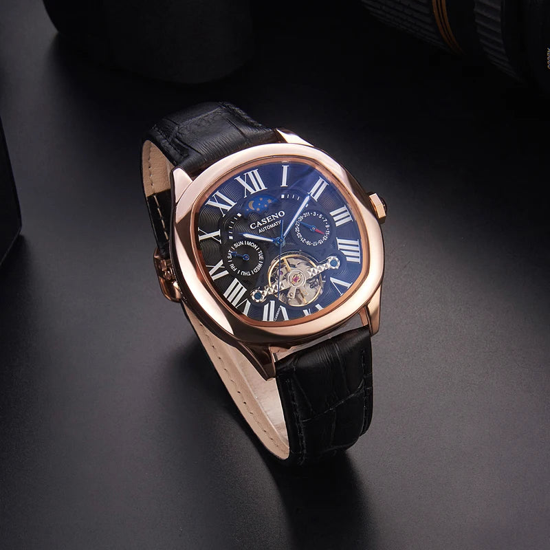 Mens Watch Business Leather Strap Reloj Moon Phase Automatic Mechanical Wristwatch Male Waterproof Luxury Tourbillon Watch Man